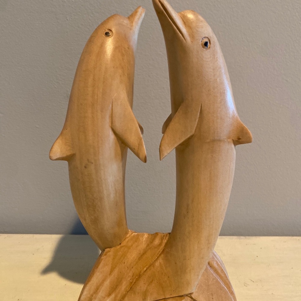 Wood Hand Carved 2 Dolphins Statue Sculpture Decor NOVICA Indonesia by Eka
